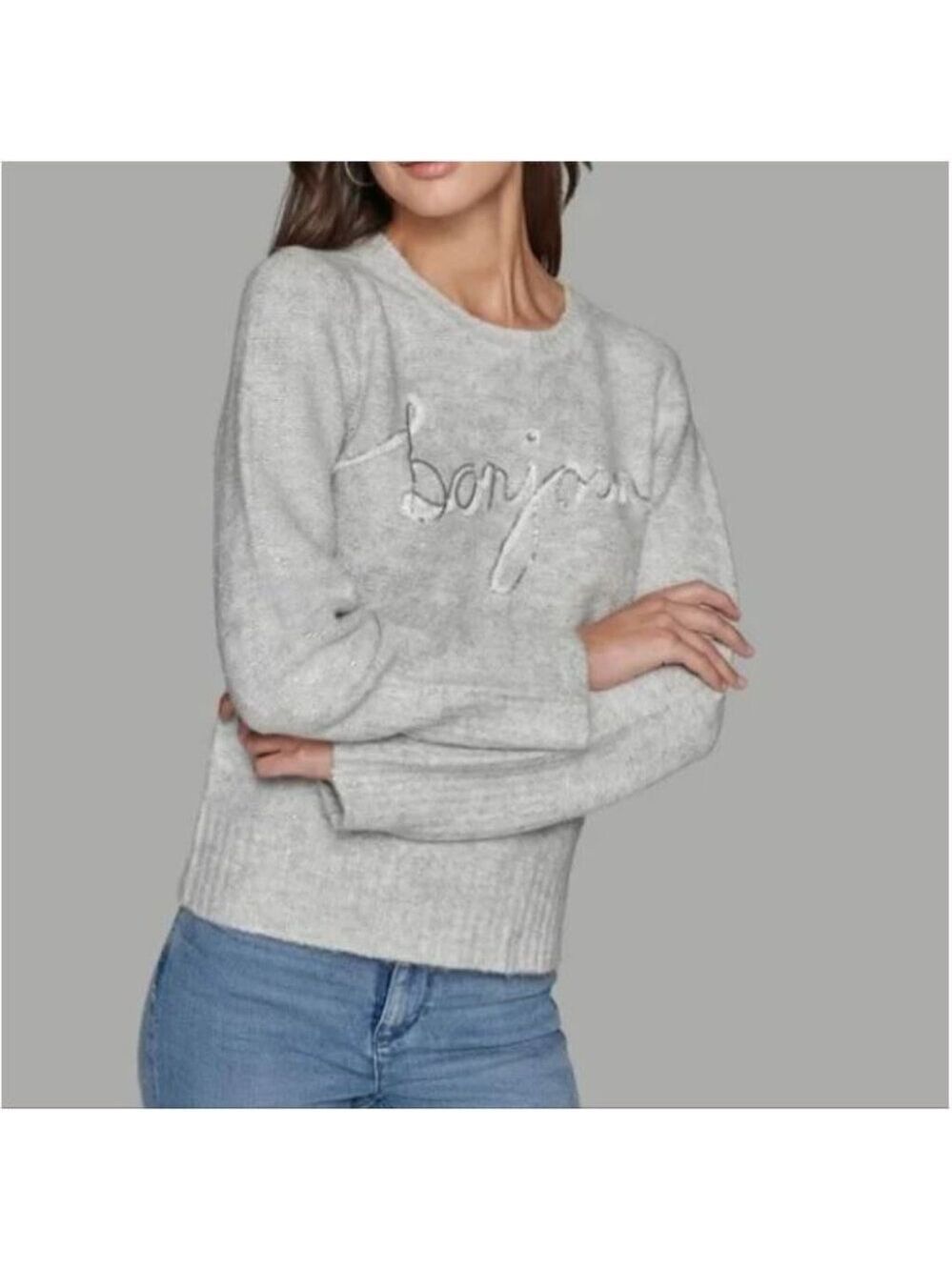 KARL LAGERFIELD Paris BONJOUR Sweater Silver Sparkle Woman's Medium Ice Breaker